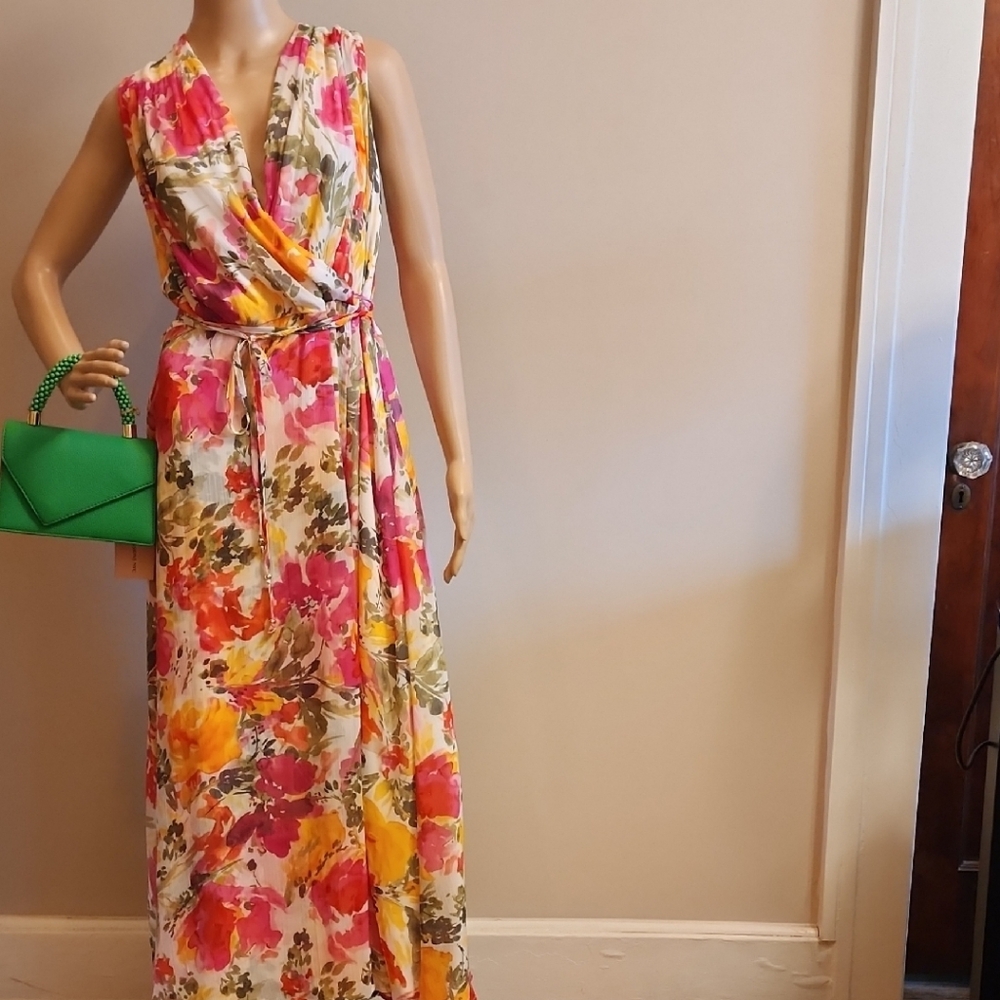 Calvin Klein Vibrant Floral Maxi Dress in Pink, Yellow, Green - Picture 2 of 10